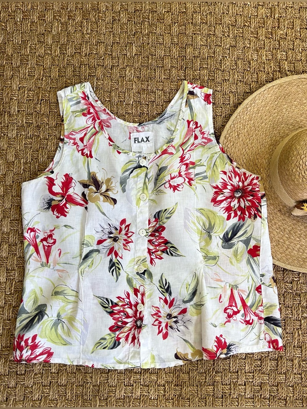 Flax Medium Floral Linen Sleeveless Top in White with Red Khaki & Green Print